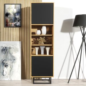 175cm Oak & Black Display Cabinet with Metal Frame – Tall Push-to-Open Storage Unit for Living Room