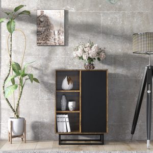70cm Industrial Oak & Black Small Sideboard Cabinet – Black Door – Modern Storage Unit with Metal Frame