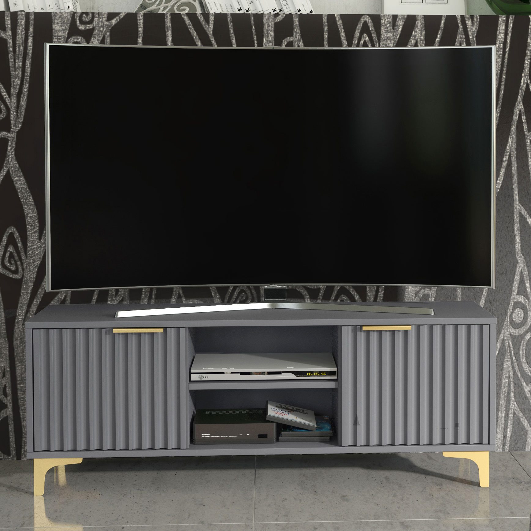 120cm Grey Fluted TV Unit with Gold Handles & Gold Legs – Modern Ribbed Media Cabinet - Image 5