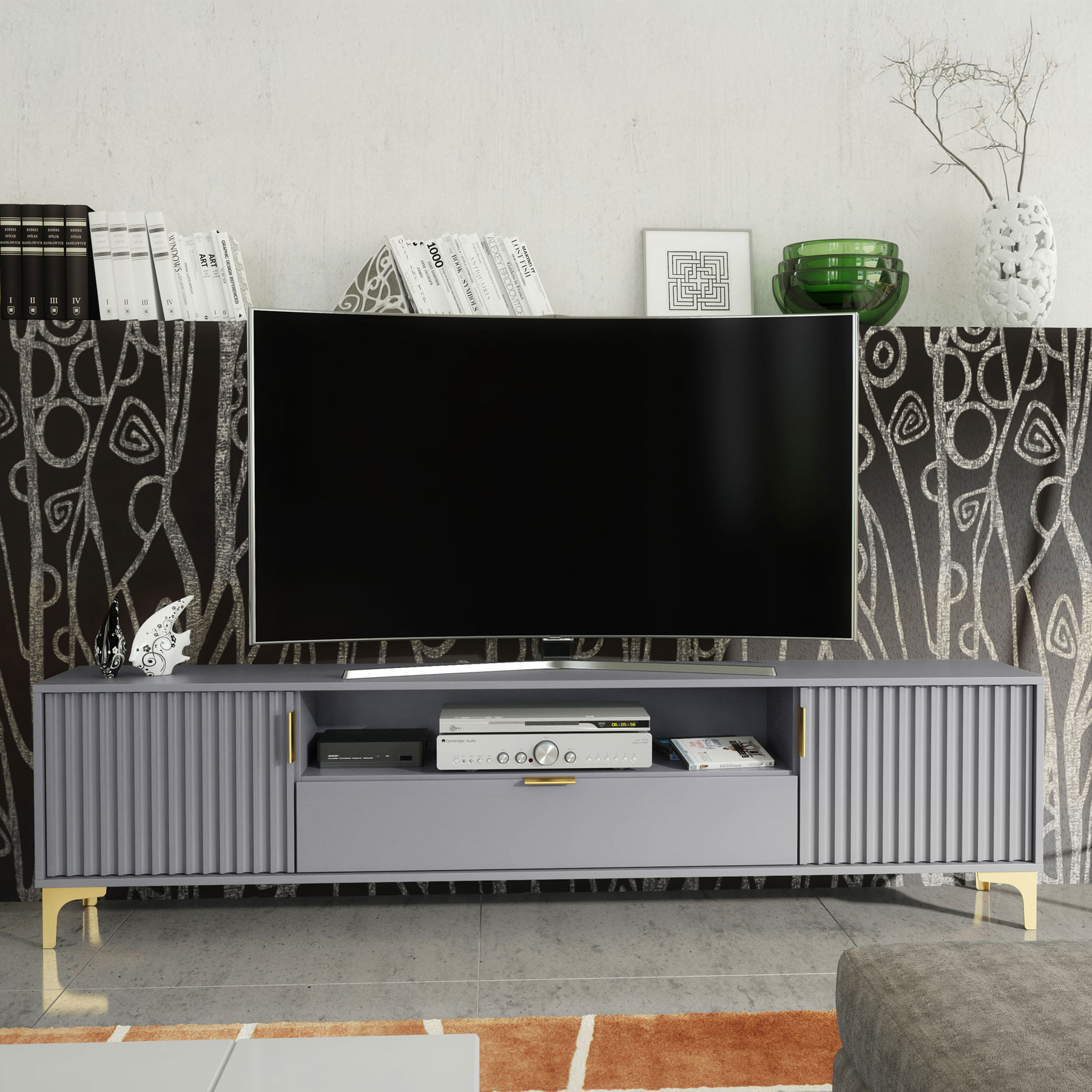 200cm Fluted TV Unit Grey & Gold – Large Modern Media Console with Drawer & Shelf, Ribbed Doors, Gold Handles & Legs - Image 2