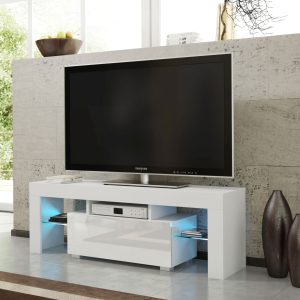 130cm White Matt & White Gloss TV Unit with Glass Shelves, Drop-Down Storage & Push-to-Open Doors