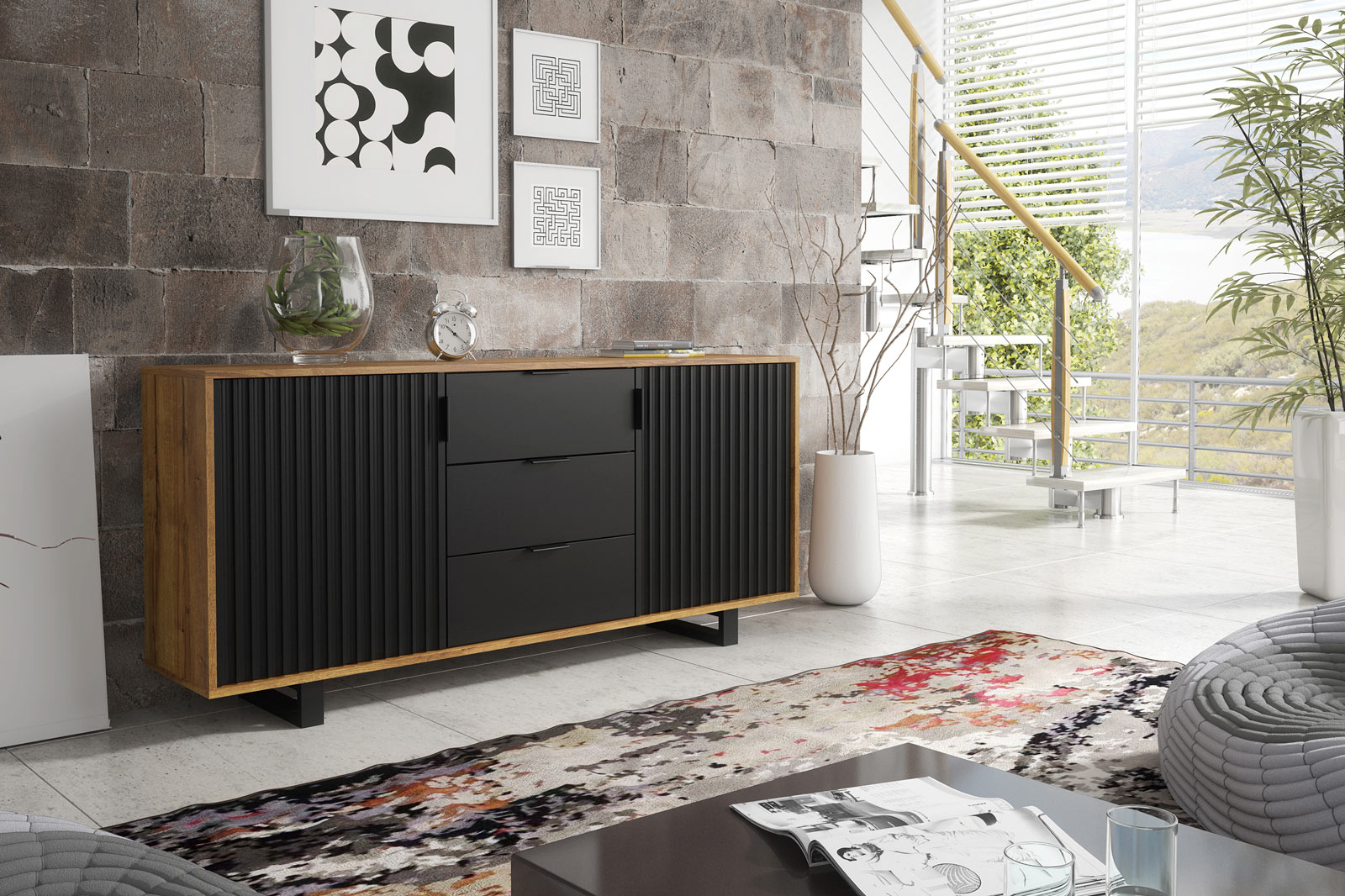 Industrial Oak & Black Matt Sideboard 140cm – Ribbed Fluted Doors, 3 Drawers, Modern Industrial Storage Cabinet - Image 4
