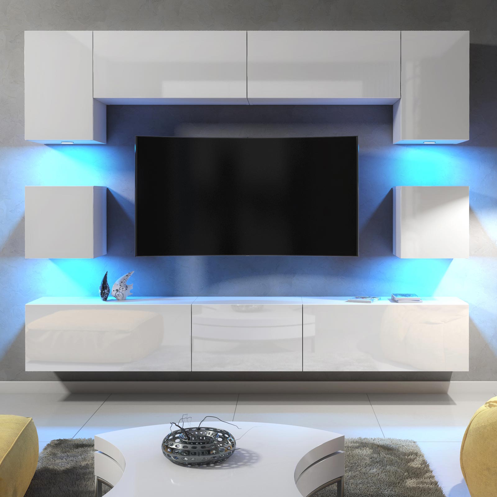 Modern 242cm White Matt & White Gloss Wall Unit – 9 Piece Modular TV Living Room Set with RGB LED Lights - Image 2