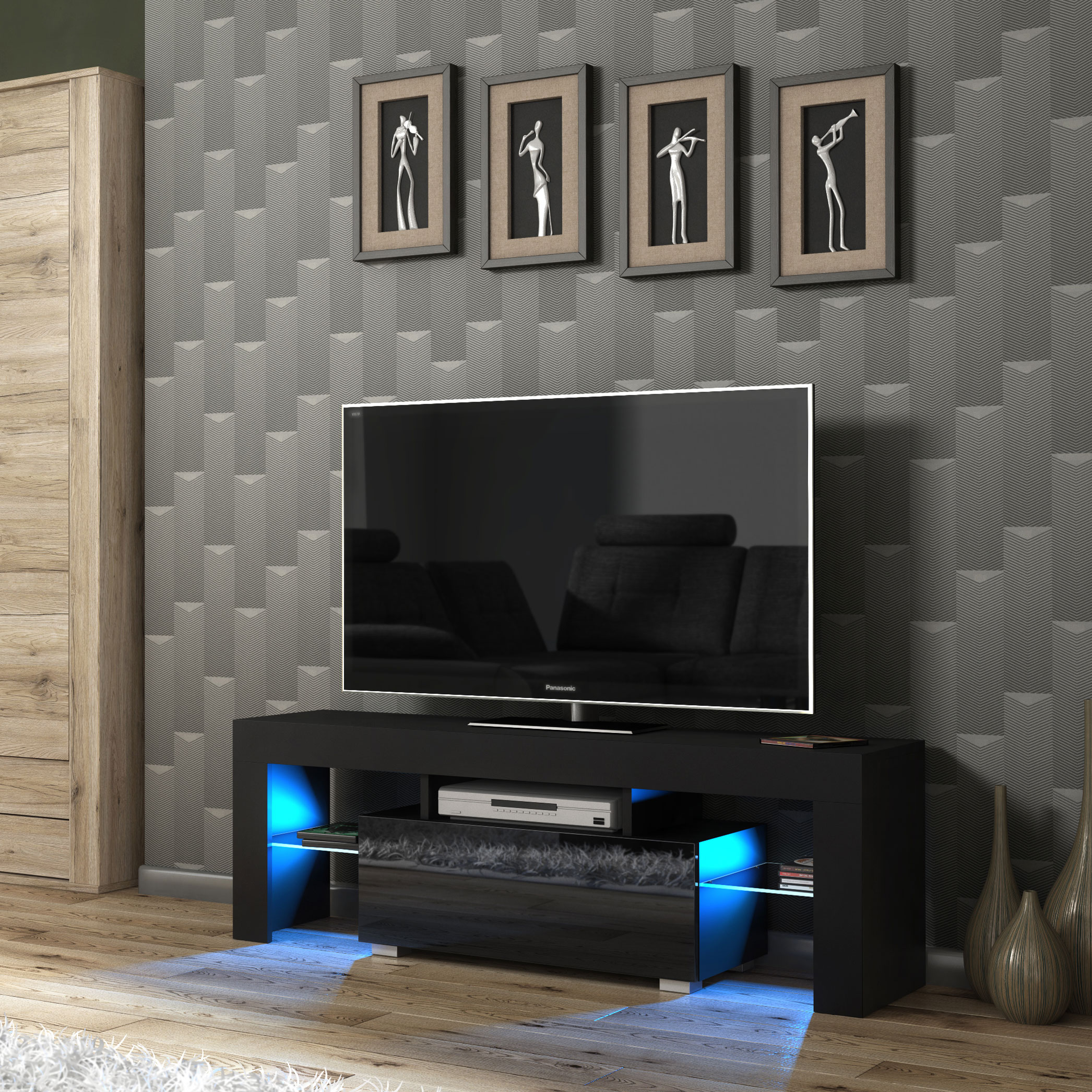 130cm Black Matt & Black Gloss TV Unit with Glass Shelves, Drop-Down Storage & Push-to-Open Doors - Image 3