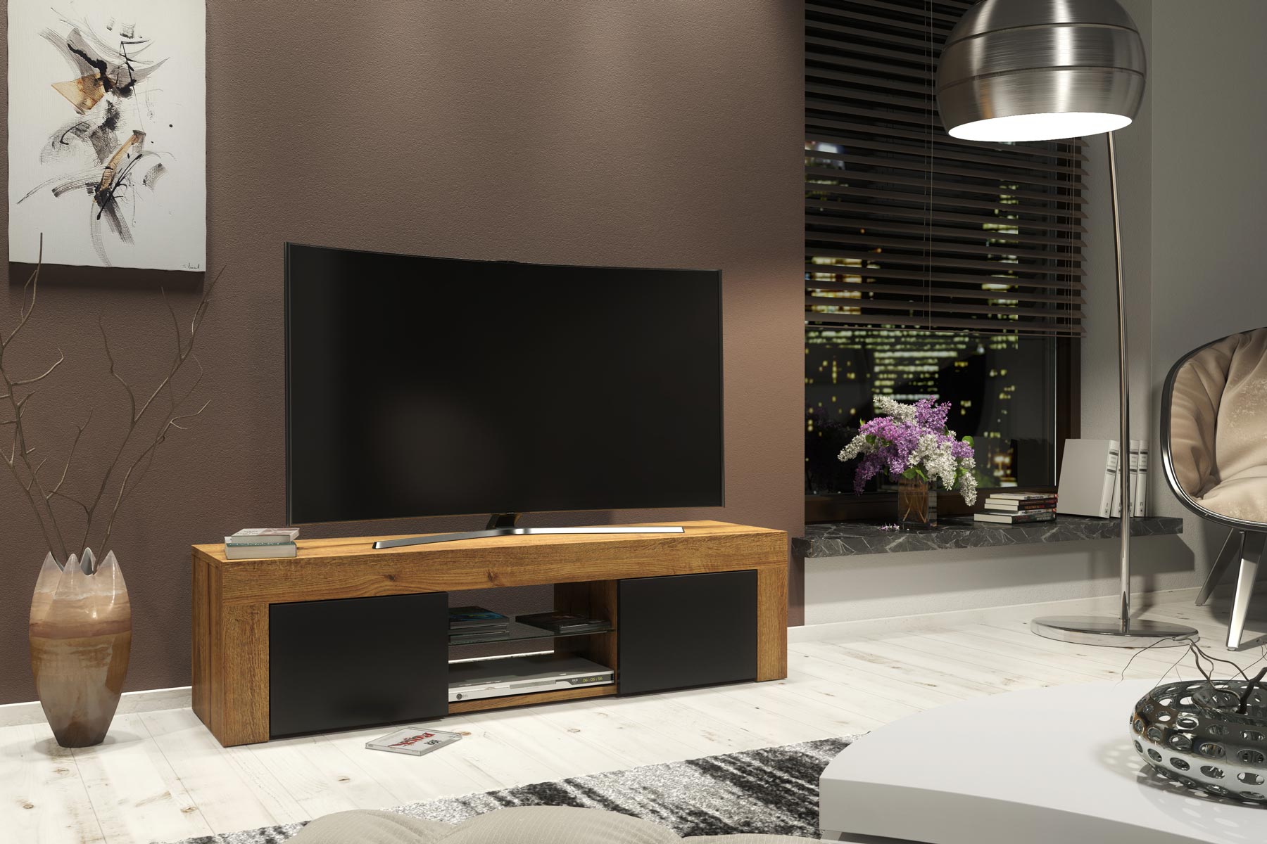 Modern 130cm Oak Matt & Black Matt TV Unit — Contemporary Media Cabinet with Push-to-Open Storage - Image 5