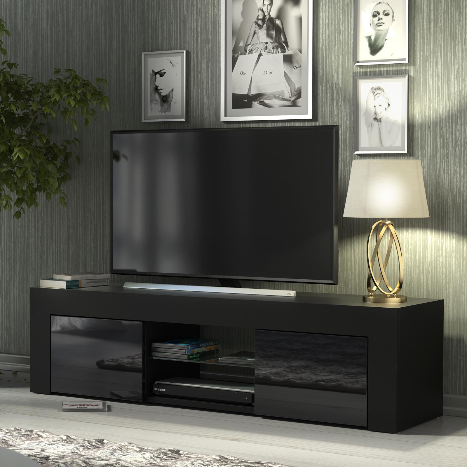Modern 130cm Black Matt & Black Gloss TV Unit — Contemporary Media Cabinet with Push-to-Open Storage