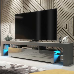 Extra-Wide 200cm Grey Matt & Grey Gloss TV Unit — Modern Media Cabinet with LED Glass Display, Push-to-Open Drop-Down Storage & AV Niches