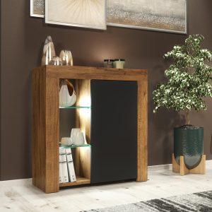 75cm Modern Sideboard Oak Matt & Black Matt with Free LED Lights – Storage Cabinet for Living Room