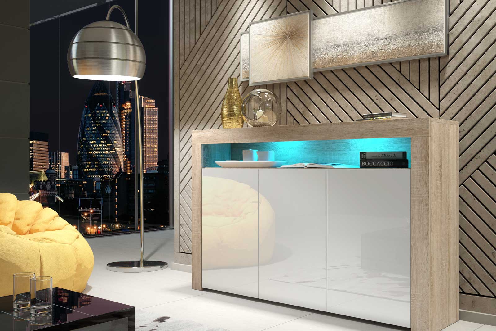 155cm Modern Sideboard Oak Effect & White Gloss with Free LED Lights, 3 Push-to-Open Doors, Contemporary Storage Cabinet for Living Room - Image 5