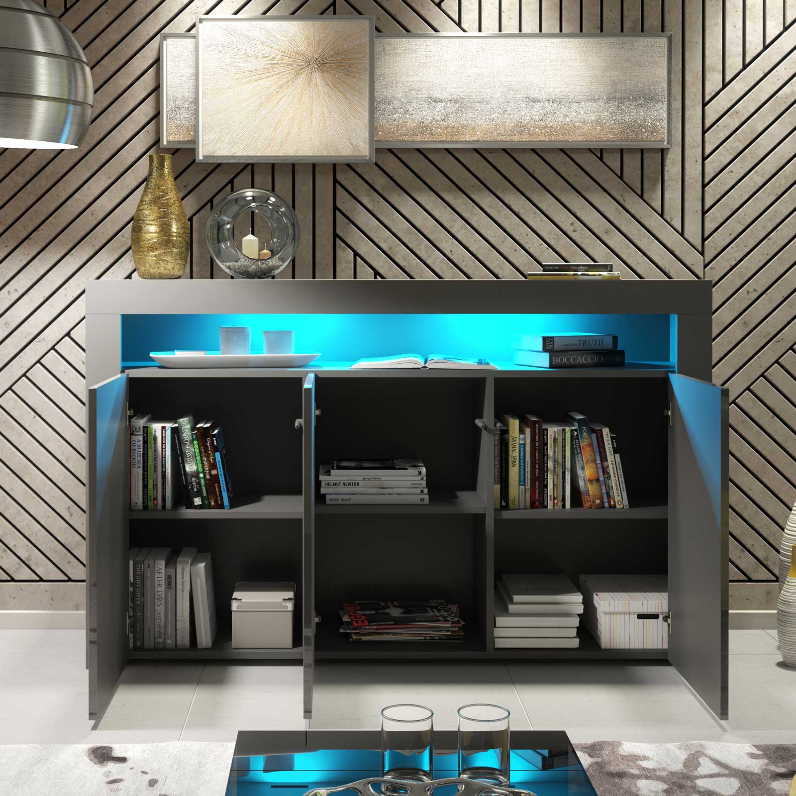 155cm Modern Sideboard Grey Matt & Grey Gloss, 3 Push-to-Open Doors, Free LED Lights, Contemporary Storage Cabinet for Living Room - Image 3