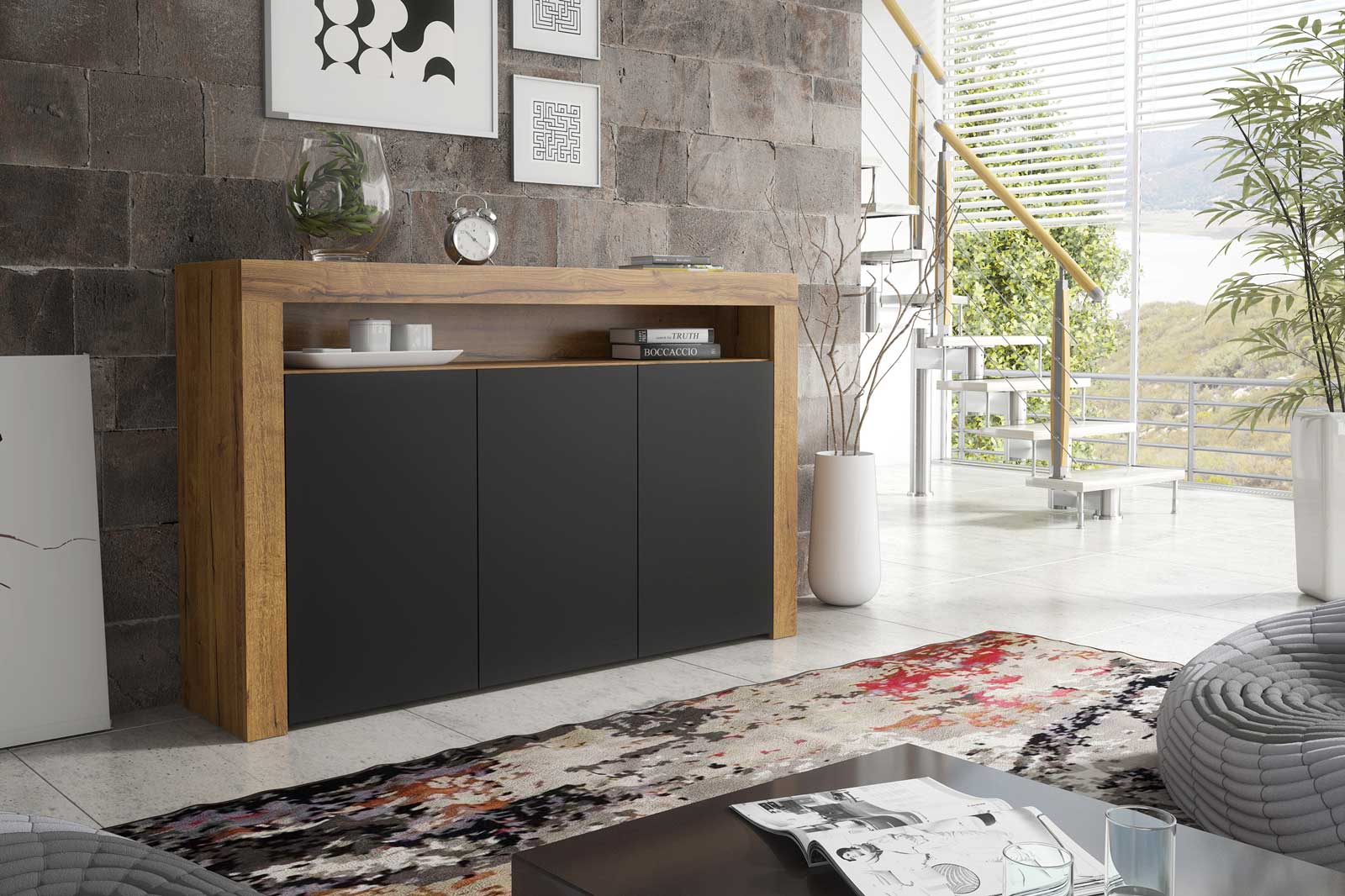 155cm Modern Sideboard Oak Matt & Black Matt, 3 Push-to-Open Doors, Contemporary Storage Cabinet for Living Room - Image 5