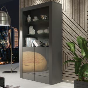 100cm Modern Display Cabinet Grey Matt & Grey Gloss, Push-to-Open Doors, Glass Shelves – Living Room Storage Unit