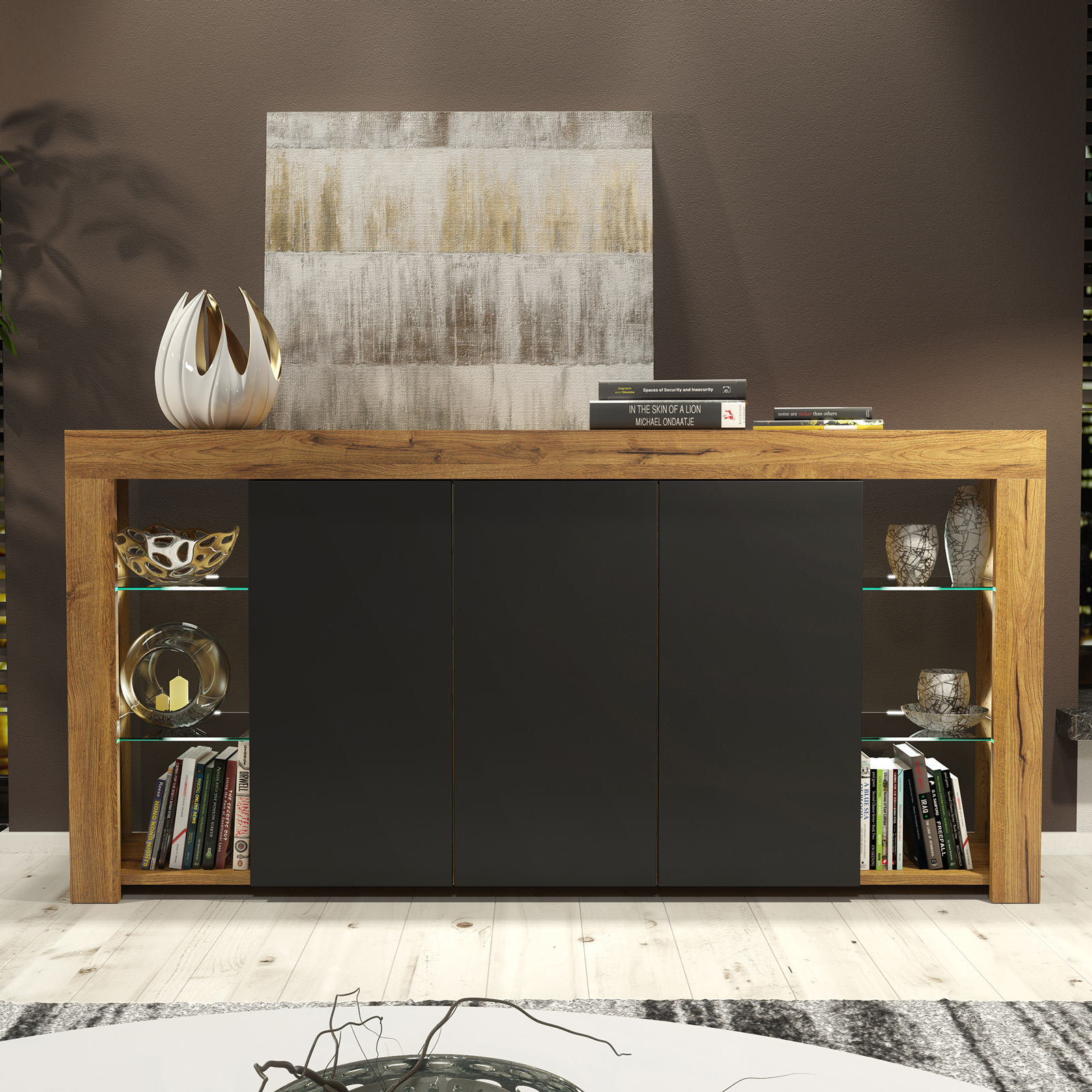 164cm Modern Sideboard Oak Matt & Black Matt with Free LED Lights – 3 Push-to-Open Doors, Glass Display Storage Cabinet - Image 2