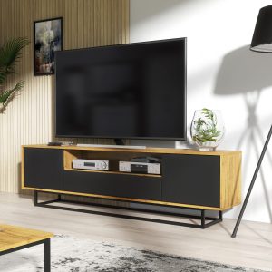 200cm Modern TV Unit Oak Matt Body & Black Matt Fronts with Drawer – Push-to-Open Industrial Media Cabinet