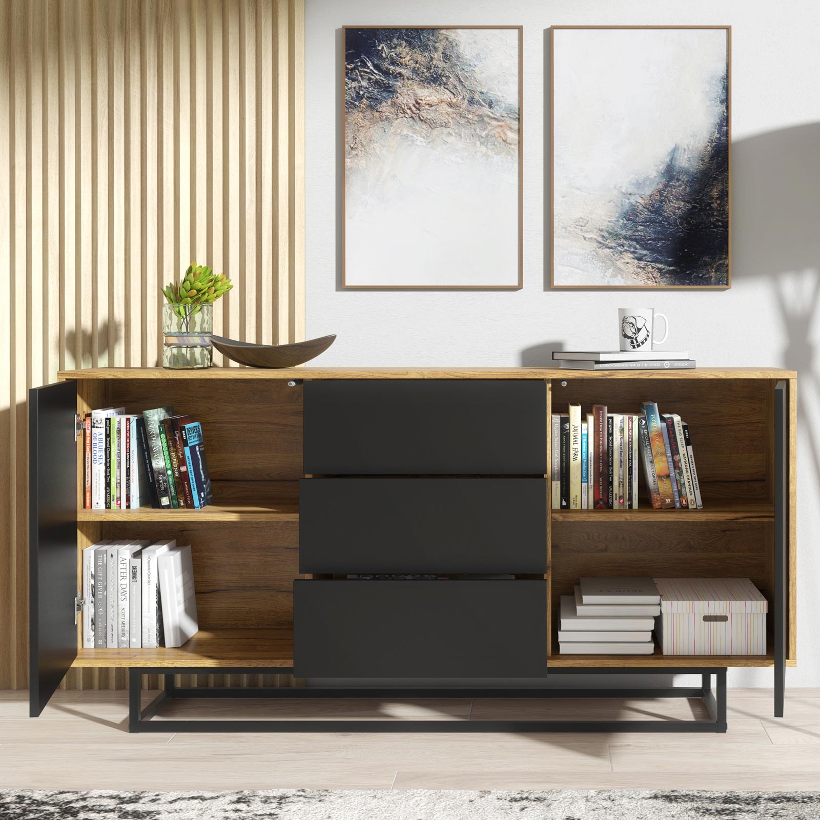140cm Industrial Oak & Black Sideboard with Black Metal Frame – 2 Push-to-Open Doors & 3 Drawers, Modern Storage Cabinet - Image 3