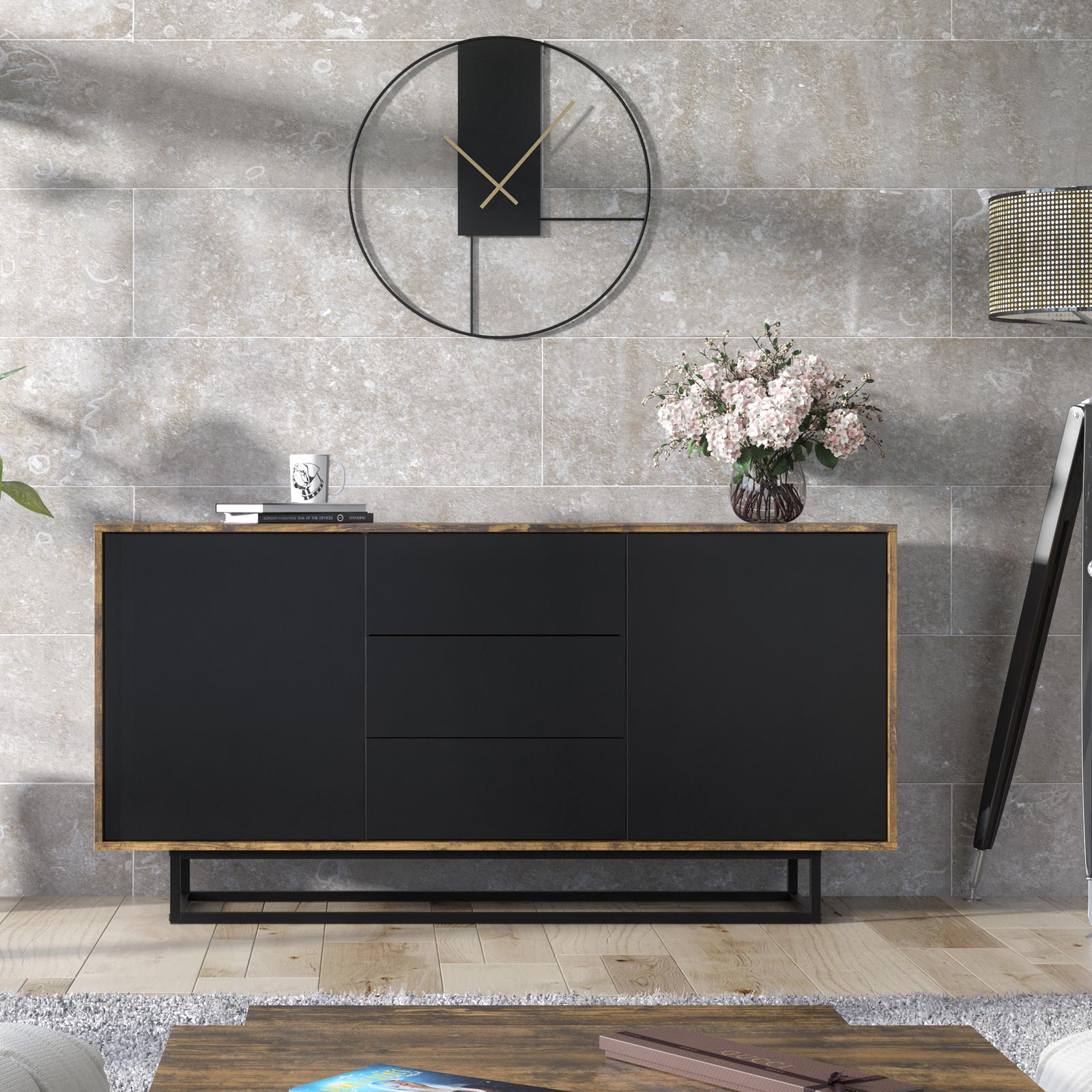 140cm Industrial Oak & Black Sideboard with Black Metal Frame – 2 Push-to-Open Doors & 3 Drawers, Modern Storage Cabinet - Image 2