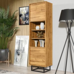 175cm Tall Oak Display Cabinet with Black Metal Frame – Push to Open Doors – Modern Storage Unit