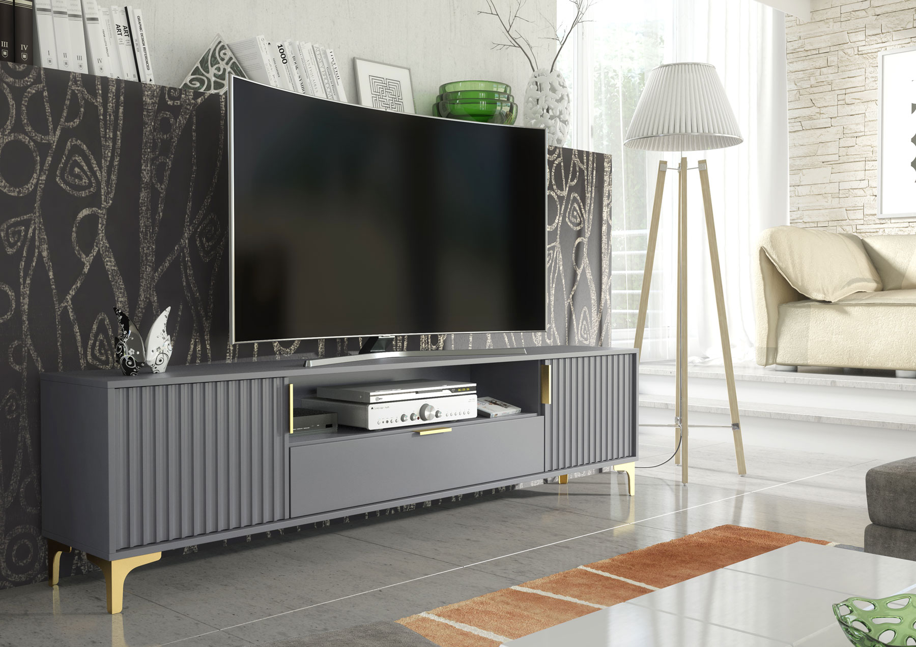 200cm Fluted TV Unit Grey & Gold – Large Modern Media Console with Drawer & Shelf, Ribbed Doors, Gold Handles & Legs - Image 4