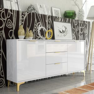 140cm White High Gloss Sideboard Cabinet with Gold Handles & Gold Legs – 3 Drawer Modern Storage Unit