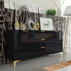 140cm Black High Gloss Sideboard Cabinet with Gold Handles & Gold Legs – 3 Drawer Modern Storage Unit