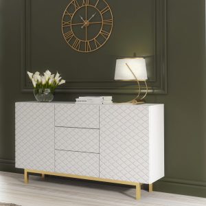 White Matt Diamond Front Sideboard Cabinet 140cm – Modern Push to Open Storage Unit with Gold Legs