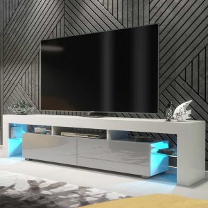 Extra-Wide 200cm White Matt & Grey Gloss TV Unit — Modern Media Cabinet with LED Glass Display, Push-to-Open Drop-Down Storage & AV Niches