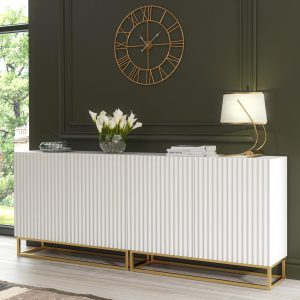 White Matt Ribbed Sideboard Cabinet 200cm with Gold Frame Base – Modular Push to Open Storage Unit