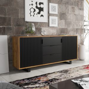Industrial Oak & Black Matt Sideboard 140cm – Ribbed Fluted Doors, 3 Drawers, Modern Industrial Storage Cabinet