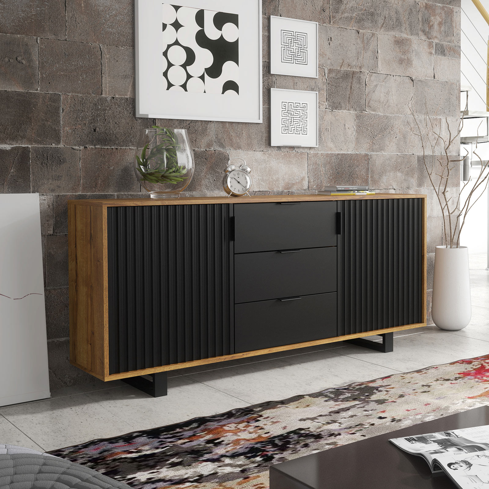 Industrial Oak & Black Matt Sideboard 140cm – Ribbed Fluted Doors, 3 Drawers, Modern Industrial Storage Cabinet