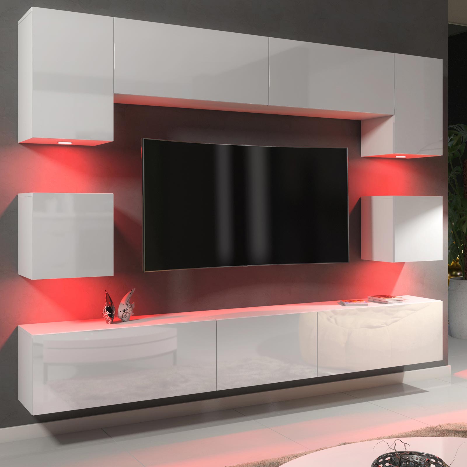 Modern 242cm White Matt & White Gloss Wall Unit – 9 Piece Modular TV Living Room Set with RGB LED Lights - Image 4