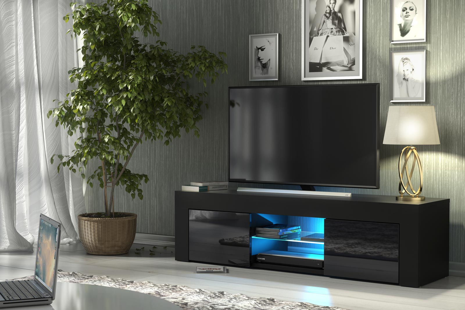 Modern 130cm Black Matt & Black Gloss TV Unit — Contemporary Media Cabinet with Push-to-Open Storage - Image 5