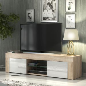 Modern 130cm Oak Matt & White Gloss TV Unit — Contemporary Media Cabinet with Push-to-Open Storage