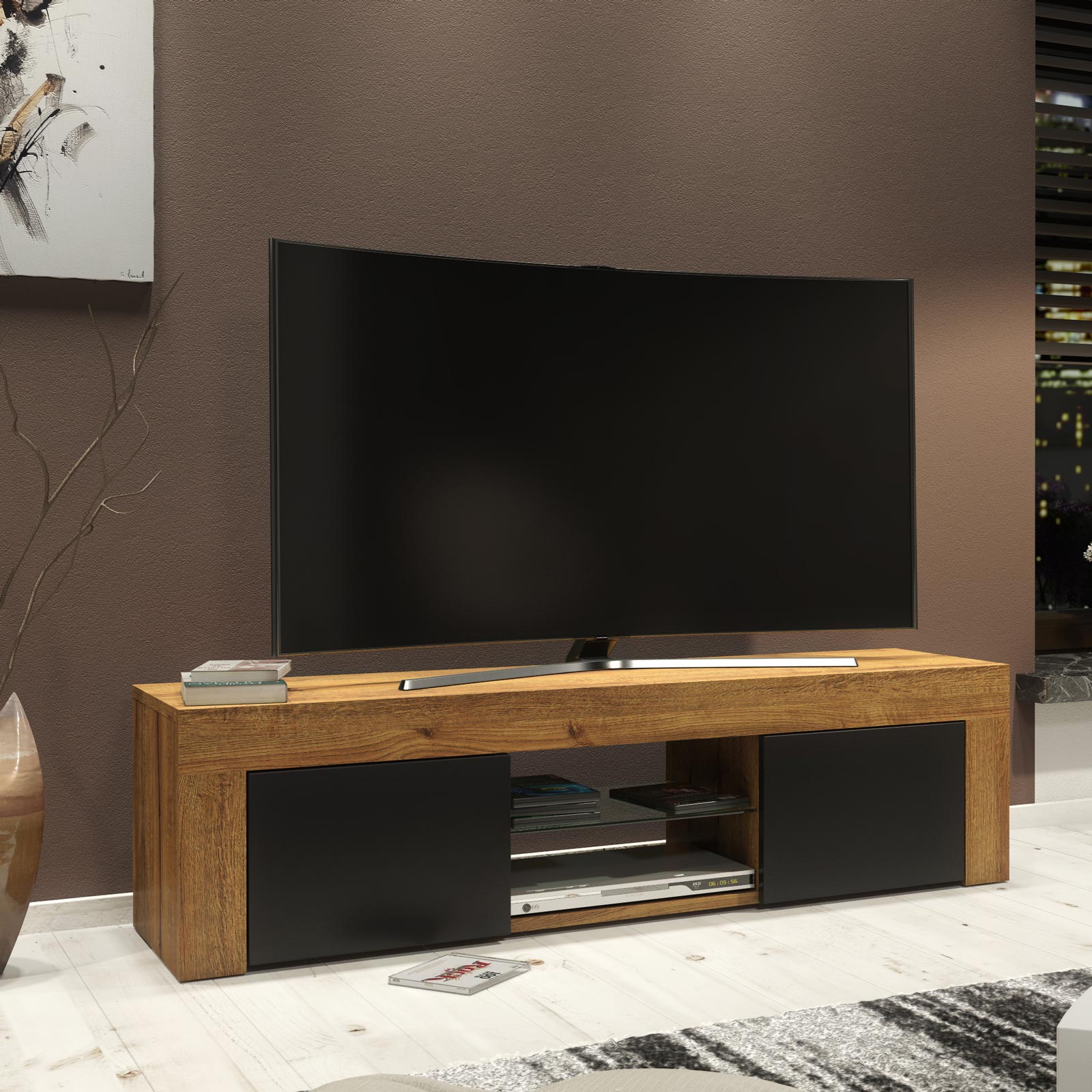 Modern 130cm Oak Matt & Black Matt TV Unit — Contemporary Media Cabinet with Push-to-Open Storage