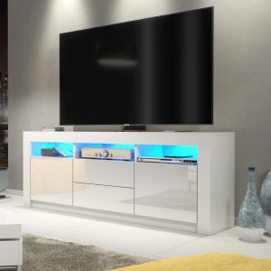 160cm Modern TV Unit White Matt & White Gloss with Free LED Lights, Push-to-Open Doors and Drawers, Media Storage Cabinet for Living Room