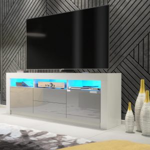 160cm Modern TV Unit White Matt & Grey Gloss with Free LED Lights, Push-to-Open Doors and Drawers, Media Storage Cabinet for Living Room