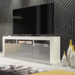 160cm Modern TV Unit White Matt & Grey Gloss, Push-to-Open Doors and Drawers, Media Storage Cabinet for Living Room