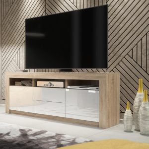 160cm Modern TV Unit Oak Matt & White Gloss, Push-to-Open Doors and Drawers, Media Storage Cabinet for Living Room