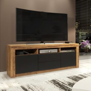 160cm Modern TV Unit Oak Matt & Black Matt, Push-to-Open Doors and Drawers, Media Storage Cabinet for Living Room