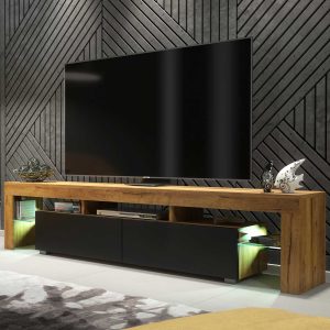 Extra-Wide 200cm Oak Matt & Black Matt TV Unit — Modern Media Cabinet with LED Glass Display, Push-to-Open Drop-Down Storage & AV Niches