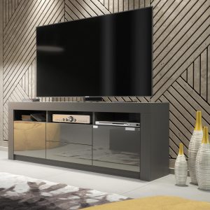 160cm Modern TV Unit Grey Matt & Grey Gloss, Push-to-Open Doors and Drawers, Media Storage Cabinet for Living Room