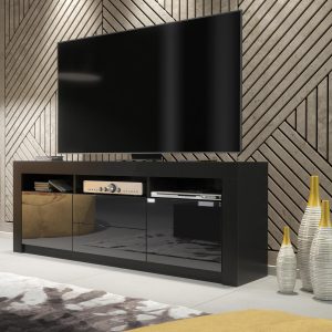 160cm Modern TV Unit Black Matt & Black Gloss, Push-to-Open Doors and Drawers, Media Storage Cabinet for Living Room