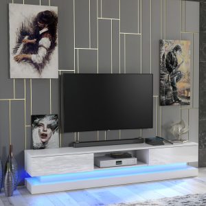 180cm Modern TV Unit White Matt & White Gloss with Free LED Light, Push-to-Open Drop-Down Doors, Media Storage Cabinet