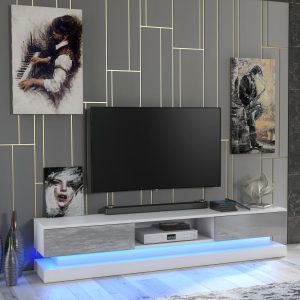 180cm Modern TV Unit White Matt & Grey Gloss with Free LED Light, Push-to-Open Drop-Down Doors, Media Storage Cabinet