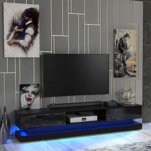 180cm Modern TV Unit Black Matt & Black Gloss with Free LED Light, Push-to-Open Drop-Down Doors, Media Storage Cabinet