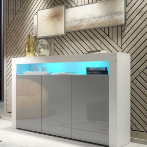 155cm Modern Sideboard White Matt & Grey Gloss with Free LED Lights, 3 Push-to-Open Doors, Contemporary Storage Cabinet for Living Room