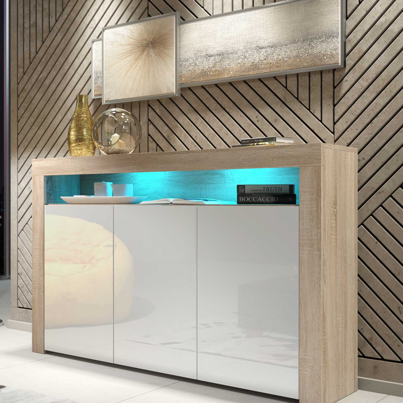 155cm Modern Sideboard Oak Effect & White Gloss with Free LED Lights, 3 Push-to-Open Doors, Contemporary Storage Cabinet for Living Room