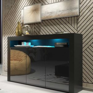 155cm Modern Sideboard Black Matt & Black Gloss, 3 Push-to-Open Doors, Free LED Lights, Contemporary Storage Cabinet for Living Room