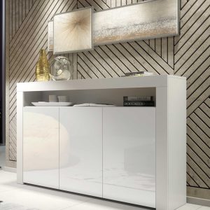 155cm Modern Sideboard White Matt & White Gloss, 3 Push-to-Open Doors, Contemporary Storage Cabinet for Living Room