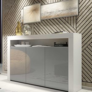 155cm Modern Sideboard White Matt & Grey Gloss, 3 Push-to-Open Doors, Contemporary Storage Cabinet for Living Room
