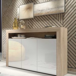 155cm Modern Sideboard Oak Matt & White Gloss, 3 Push-to-Open Doors, Contemporary Storage Cabinet for Living Room